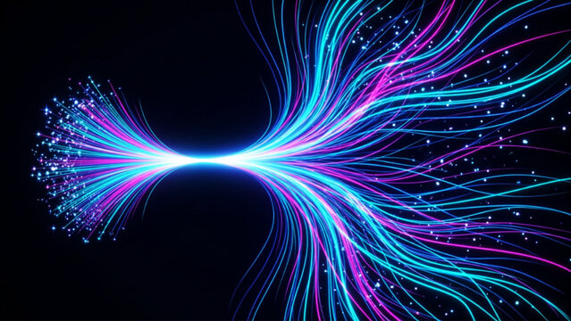 Abstract background of glowing neon light fibers spreading out from a central point representing high speed fiber optic communication and modern digital network connectivity.