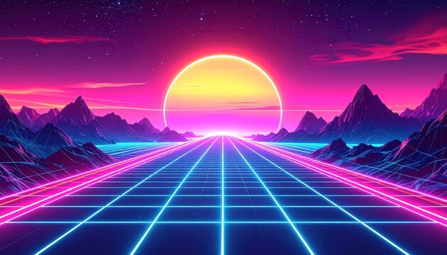 Neon grid road leads to a glowing sun amidst mountains and vibrant sky