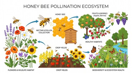 Fototapeta premium Bee Pollination Ecosystem Educational Illustration