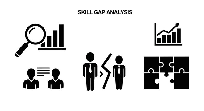 Skill Gap Analysis Icons: Magnifying Glass, Charts, People, Puzzle Pieces