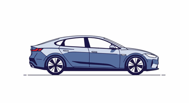 A sleek, modern, electric sedan is depicted in a flat, two-dimensional illustration, viewed from its side