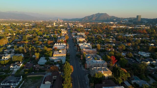 Cinematic Golden Hour Drone Flight Above Studio City Toward Universal City California