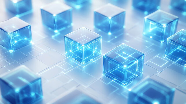 Abstract 3D blue glowing technology cubes on cyber grid background representing blockchain and futuristic digital network concept