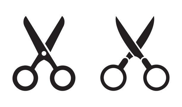 Open and closed scissors vector icons for tailoring cutting tool and barber shop logo design