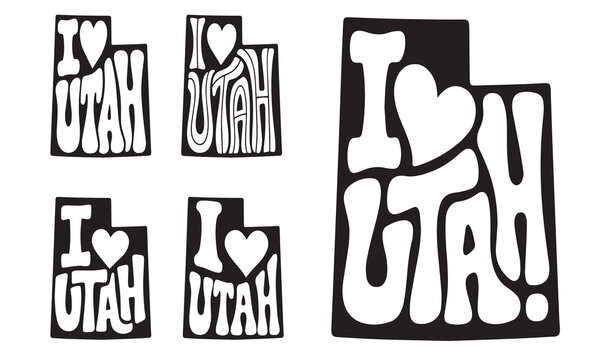 "I Love Utah" hand-lettered typography inside state outline silhouette. Five black and white vector versions with heart symbol. Perfect for t-shirts, stickers, souvenirs, apparel.
