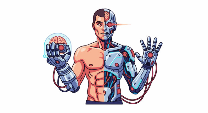 Human and robot merge, offering a brain, one eye beams red light