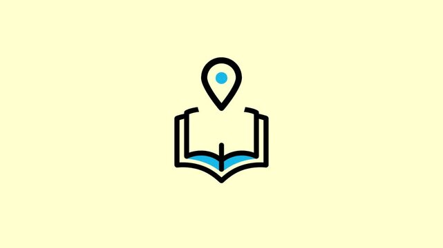 A map pin icon marks a location on an open book illustration.