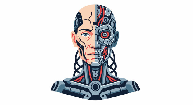 Human-robot hybrid face, showing organic flesh and mechanical components fused