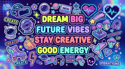 Fototapeta premium Neon Retro Futuristic Sticker Set with Motivational Quotes and Cyberpunk Vaporwave Icons on Holographic Background, Trendy Y2K and Synth-wave Aesthetic Badge Collection featuring Space, Gaming, 
