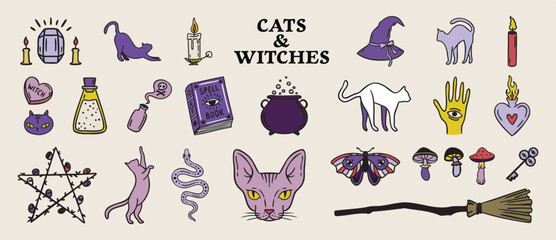 Obraz premium Cats and witches set spellbooks and cauldrons, candles and cat head, broom and rose, Halloween palette hand drawn