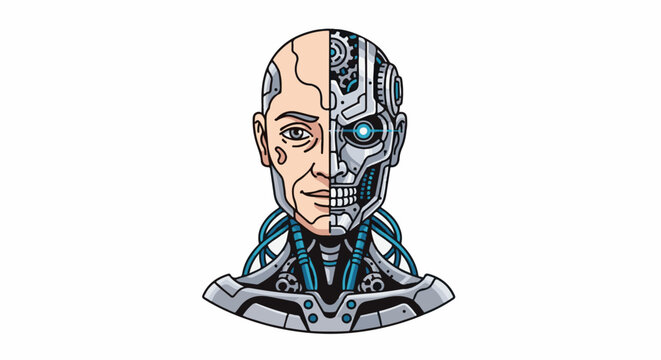 A cybernetic head merges human flesh with mechanical parts and glowing blue circuits