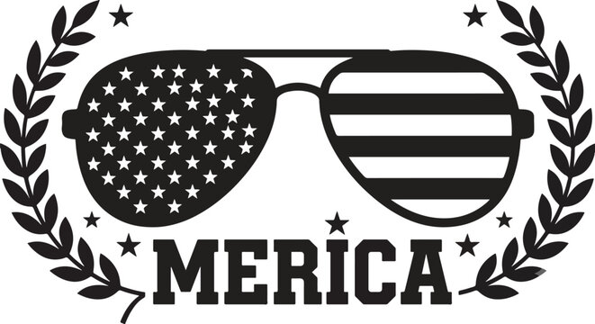 Patriotic Aviator Sunglasses and Merica Text Graphic 2026 - Black and White American Flag Glasses Silhouette with Laurel Wreath and Stars on Clean White Background