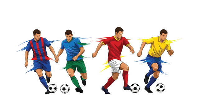 Four professional players in diverse jerseys run with spheres while surrounded by vibrant paint splatter effects on white background.