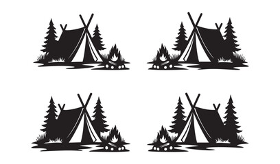Obraz premium Outdoor camping tent silhouettes in pine forest with campfire for adventure travel and tourism design graphics