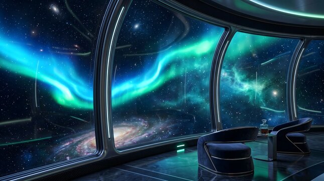 Luxury space station observation lounge with stunning galaxy view