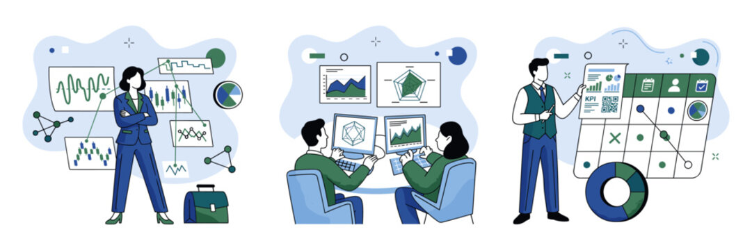 Business team professional working on financial data charts and strategy planning with business financial strategy planning professional illustration corporate management analysis marketing