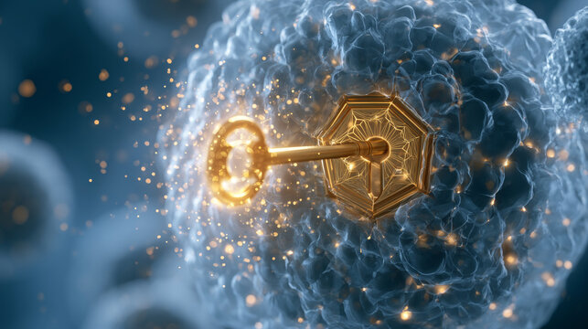 Golden key unlocking a microscopic blue cell medical breakthrough and cure concept