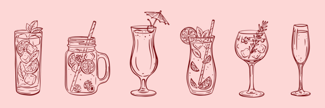Hand drawn refreshing drink collection featuring fruit beverages, cocktails, smoothies, and summer refreshments. Ideal for menus, cafes, bars, and food branding projects.
