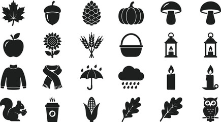Autumn themed Silhouettes Maple Leaf Acorn Pumpkin And Other Icons © Nilufasultana