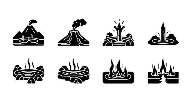 Volcano and Geyser Icons Set: Hot Springs, Erupting Mountain, Steam Vents