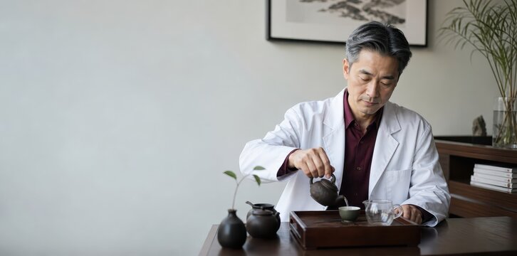Generative AI, Asian male doctor preparing tea with traditional clay teaware at minimal desk