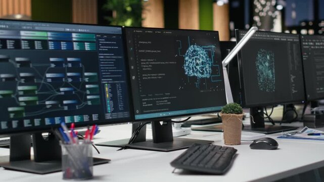 Computers in empty office used to implement machine learning algorithms to prevent AI errors. PC monitors in tech agency with software used to review code and improve artificial intelligence.