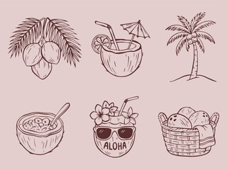 Hand drawn tropical coconut and beach themed illustration set featuring palm trees, coconut drinks, bowls, and summer elements. Perfect for vacation, travel, and tropical designs. © Asanly