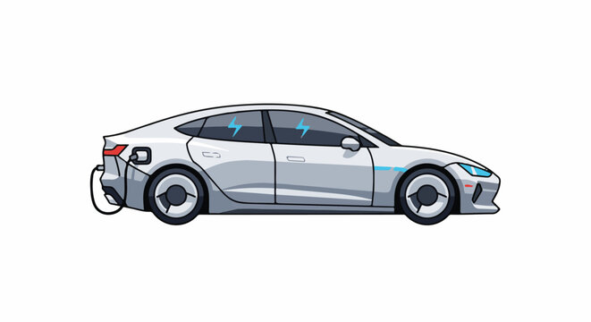 Pixel art of a white electric car charging with lightning bolt symbols inside