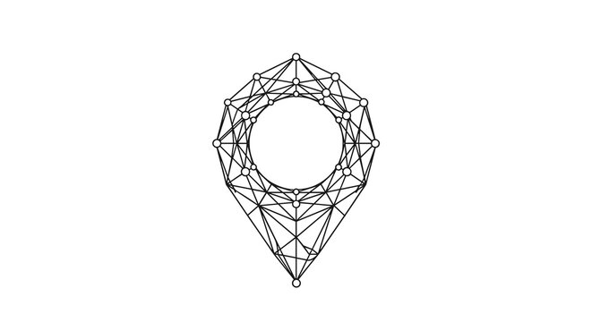 Geometric map pin constructed from interconnected network nodes and thin black lines on a clean white background for location data.