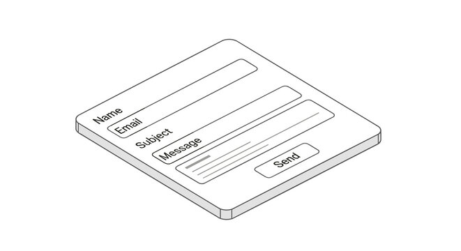 Isometric wireframe of a contact page featuring name, email, subject, and message fields with a send trigger on a clean white surface.