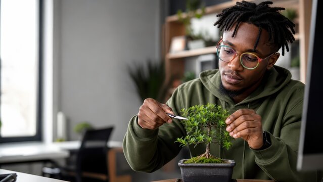 Generative AI, Young Black man with dreadlocks carefully pruning bonsai tree at home office desk