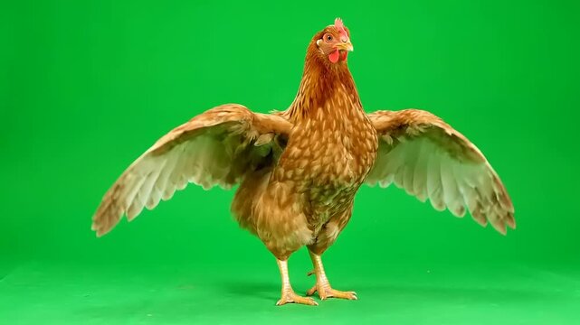 A brown chicken with its wings spread wide against a bright green screen background, showcasing its plumage and size