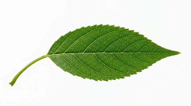 Green leaf visible veins and stem isolated on white background