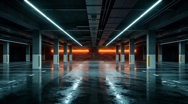 Empty Underground Parking Garage Interior With Modern Neon Lighting And Wet Reflective Concrete Floor