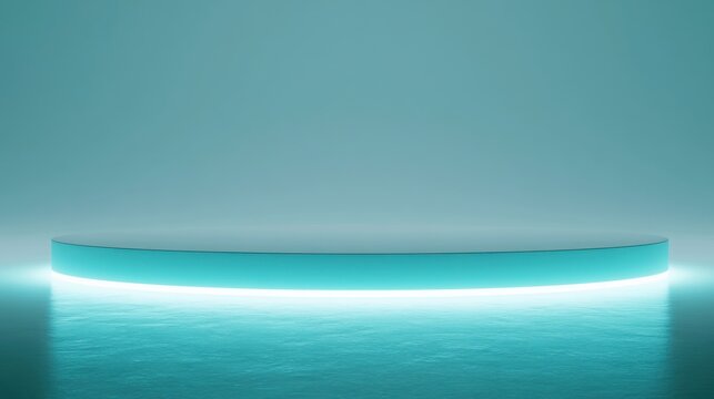 Glowing cyan stage with reflective floor, minimalist studio mockup featuring curved neon pedestal, soft teal ambient light, subtle haze, symmetrical composition ideal for product showcase, cinematic