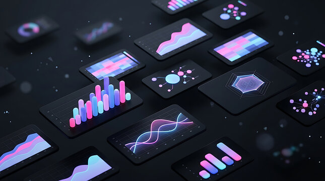 Futuristic Digital Data Visualization Dashboard With Glowing 3D Financial Charts And Abstract Analytics Interface