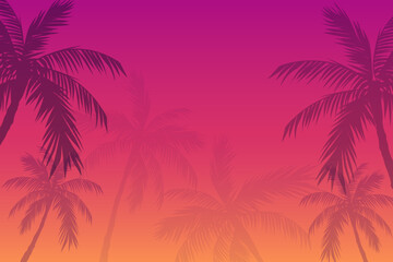 Obraz premium Summer background with palm trees. Palm tree silhouettes at sunset. Vector illustration of palm leaves or tropical foliage on an abstract soft gradient of purple, orange, and pink.