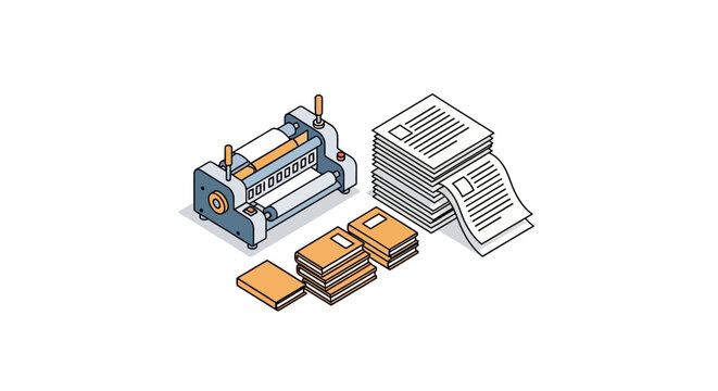 An isometric illustration of a professional paper laminating machine and documents