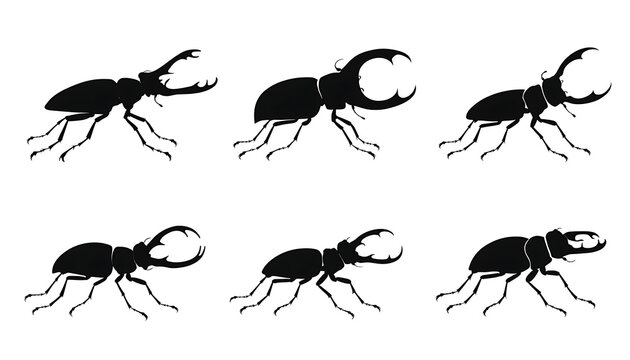 Stag beetle insect silhouette pack set showing beetles with large mandibles walking.