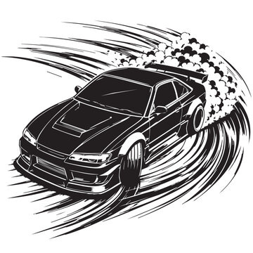 Japanese drift car performing slide with smoke clouds vector illustration in black white
