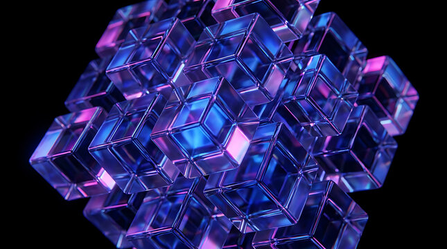 Abstract Blue Glowing Glass Cubes Geometric 3D Render Digital Technology Background Concept