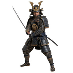 Obraz premium Full Body Portrait of Traditional Japanese Samurai Warrior in Black Armor with Katana Isolated on White