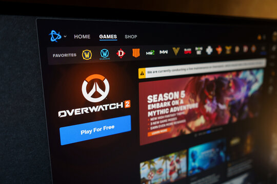 DNIPRO, UKRAINE - JUNE 29, 2026: Overwatch 2 game page displayed on Blizzard Battle.net launcher on a computer monitor screen, close up view with "Play For Free" button and Season 5 promo banner.