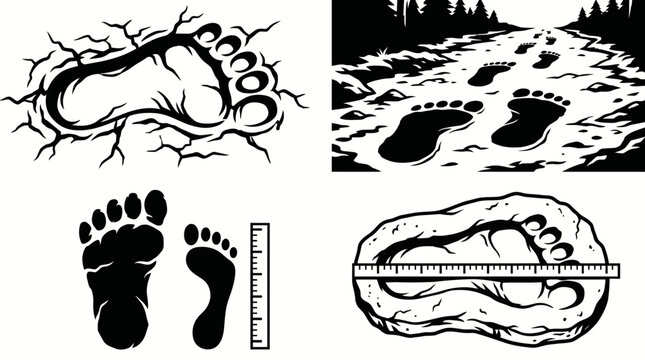 Set of Bigfoot or Yeti footprint icons in black and white style.