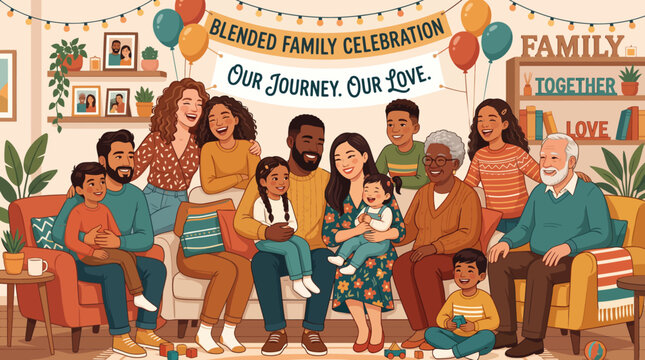 Illustration of a diverse blended family gathering for a celebration at home.