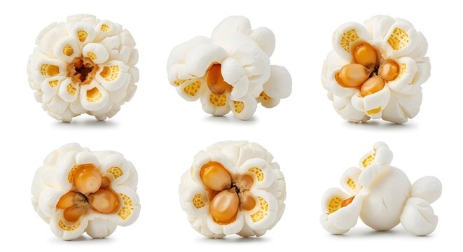Set of crispy white popcorn kernels isolated on white background with isolated delicious appetizer