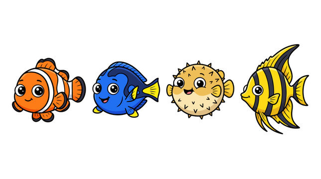 Set of four cute cartoon tropical fish characters on white background.