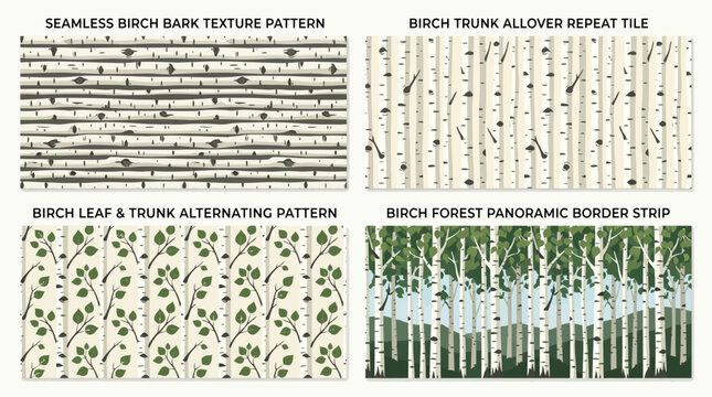 Collection of Four Seamless Birch Tree Bark and Forest Patterns.