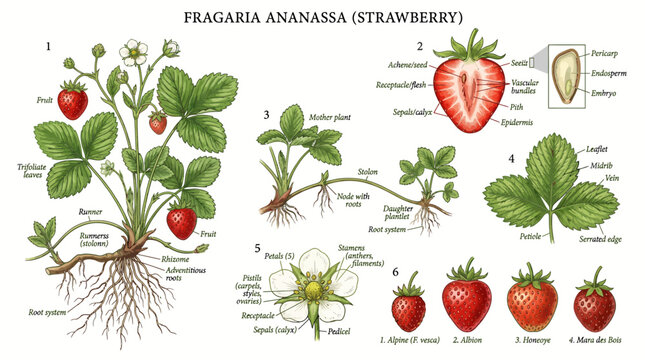 Botanical illustration of Fragaria ananassa garden strawberry plant life cycle.