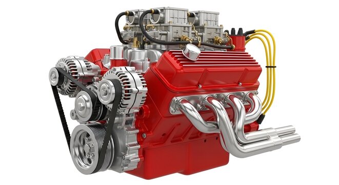 High performance red v8 automotive engine block studio shot with automotive mechanic mechanical